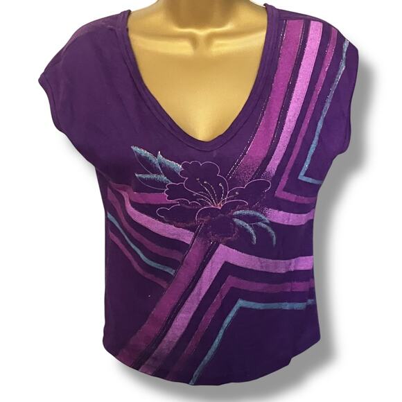 Vintage Purple Floral Striped V-Neck Tee Retro 80s Style Women’s M - Picture 2 of 6